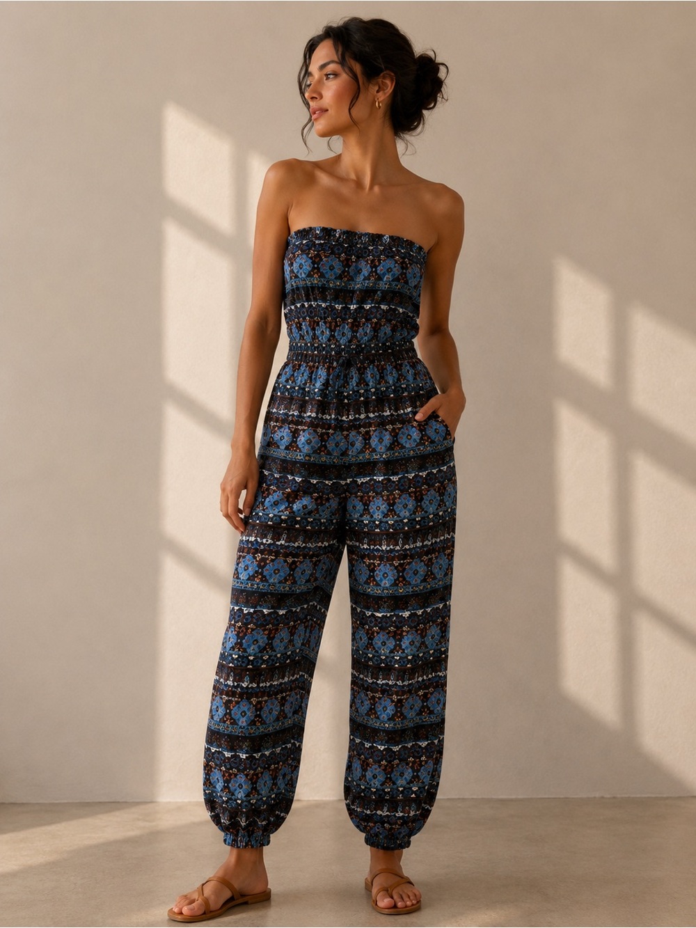 Nana Blue Printed Strapless Smocked Jumpsuit